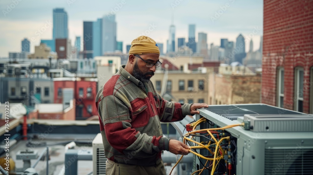 A technician performs a final check on an air source heat pump on a rooftop, with a city skyline in the background