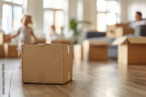 A cardboard box is placed on the floor of a living room, suggesting a recent move or relocation