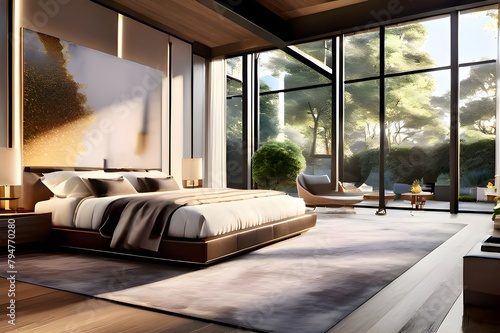 A modern bedroom with large windows and wood floors, allowing natural light to fill the room.