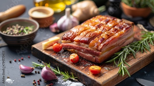 Closeup of fresh culinary ingredients surrounding a succulent pork belly on a wooden chopping board