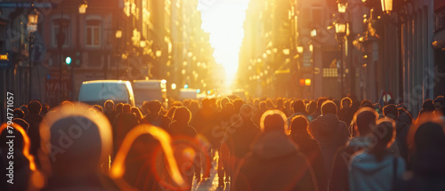A large crowd of people are walking down a street in the sun photo
