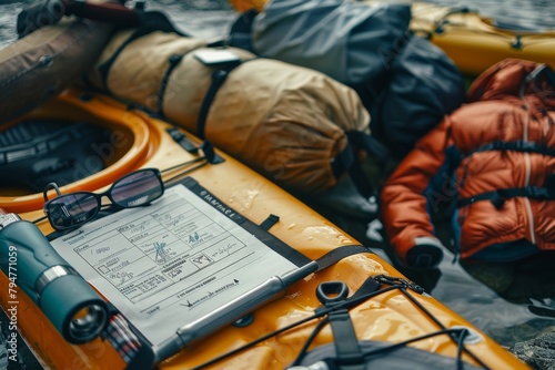 An active outdoor scene featuring a canoe, backpacks and camping gear set on the edge of a body of water, with various equipment including a clipboard with paperwork and a pen. photo