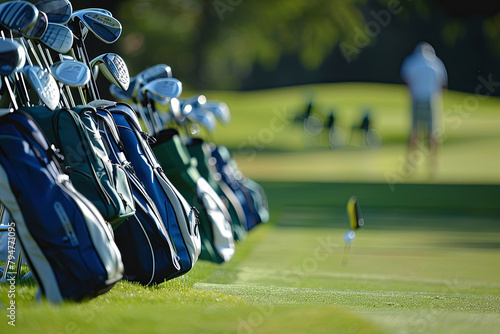 Golf bags belonging to a group of players, positioned near the putting green photo