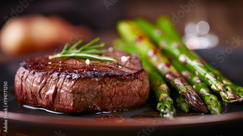 Closeup of a perfectly cooked steak with a side of asparagus on a plate, showcasing mouthwatering details