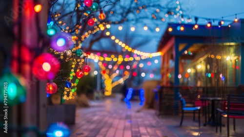 A bustling street illuminated by a myriad of colorful lights at dusk in an outdoor event space