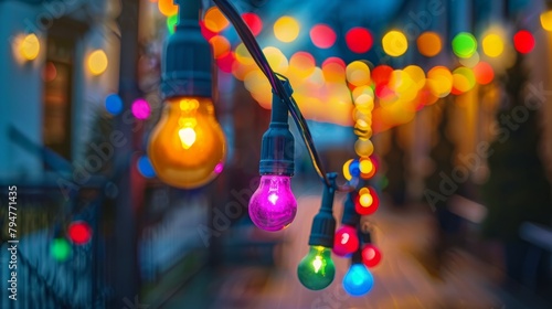 Close-up of a bunch of colorful lights on a pole at dusk in an outdoor event space