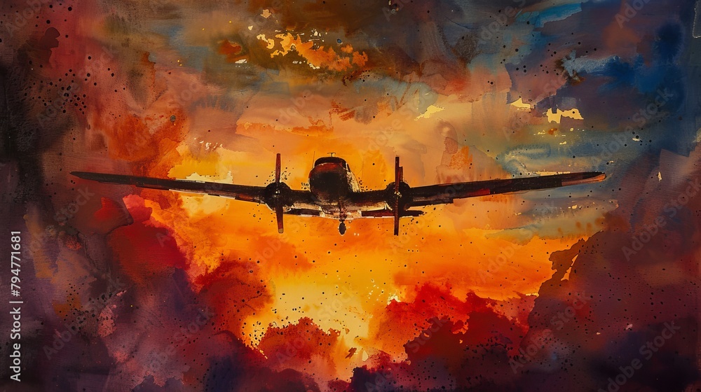 A nostalgic flight into the sunset, a 1970 vintage airplane silhouetted against a fiery sky, painted in passionate watercolor