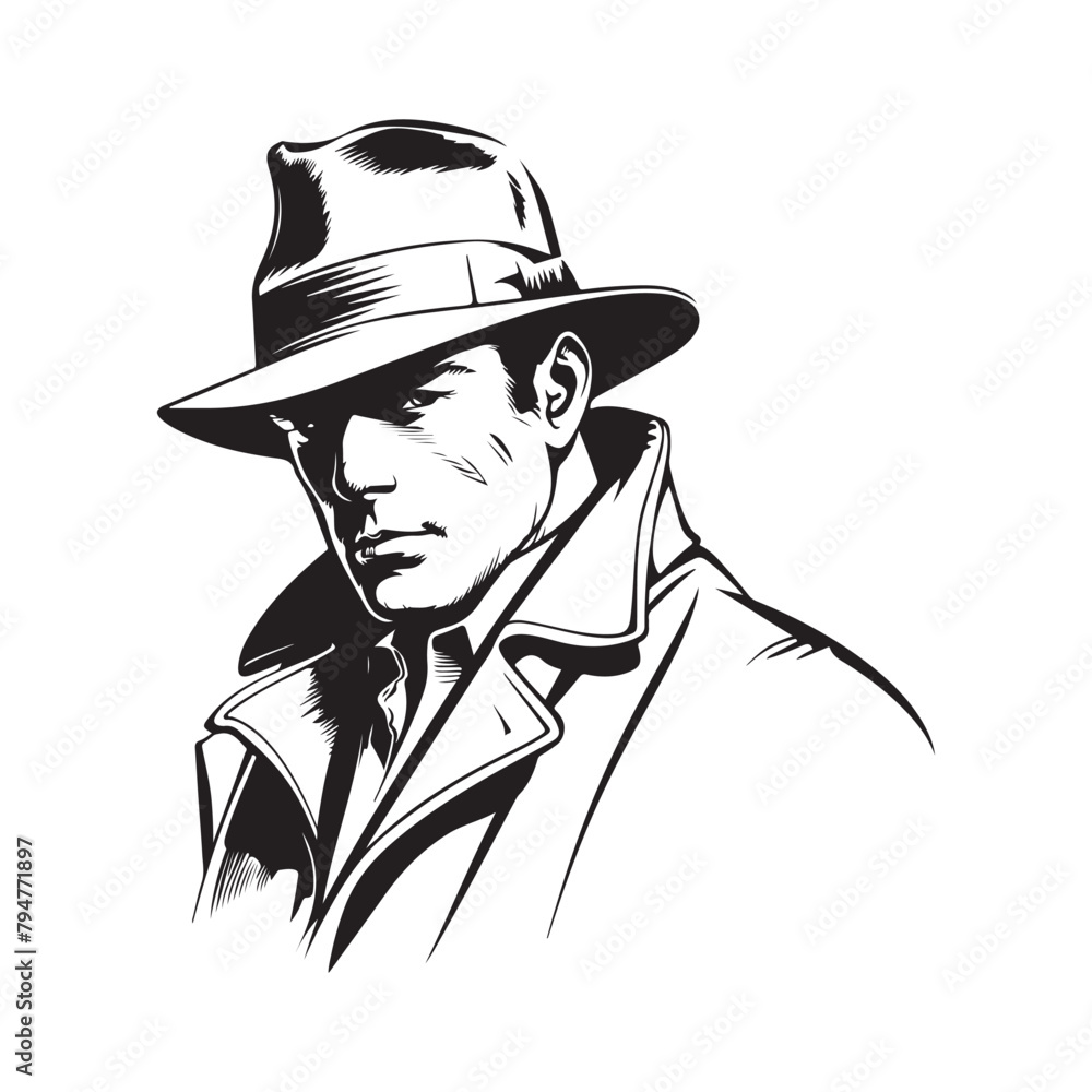 Detective Vector Art, Icons, and Graphics. Man with hat On White Background