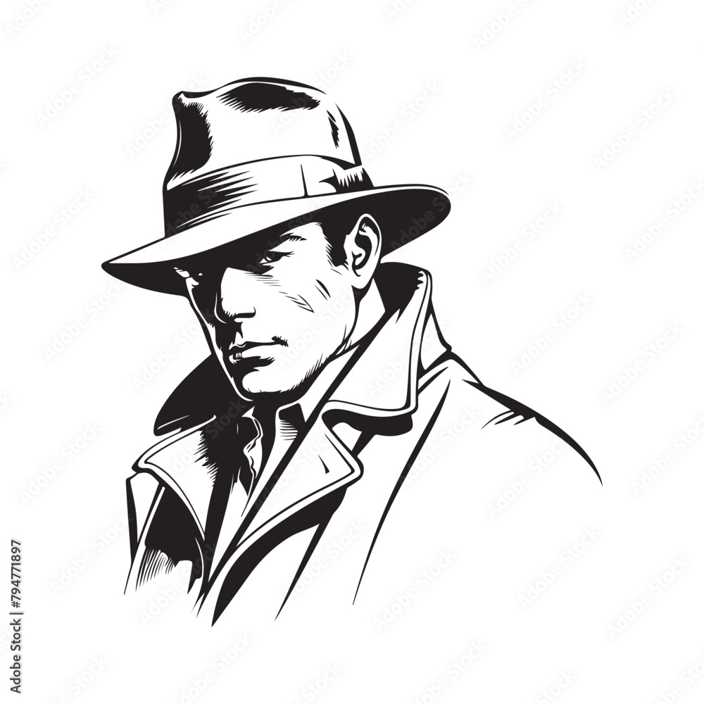 Detective Vector Art, Icons, and Graphics. Man with hat On White Background Detective Vector Art, Icons, and Graphics. Man with hat On White Background