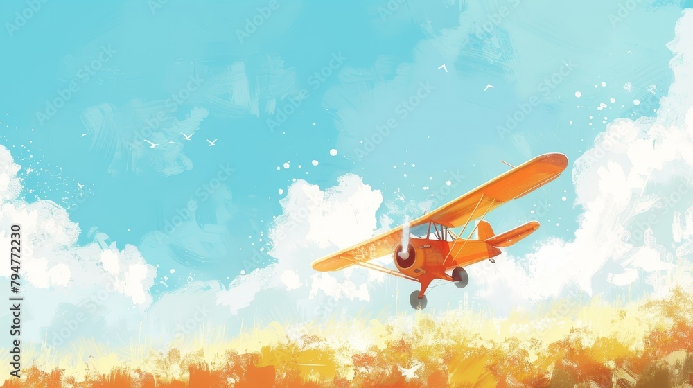 Pastel watercolors illustrate a cheerful scene of a newborn airplane gleefully navigating the peaceful, sunny sky Pastel watercolors illustrate a cheerful scene of a newborn airplane gleefully navigating the peaceful, sunny sky