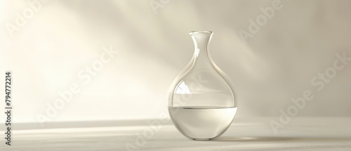Elegantly shaped transparent minimalist clear glass luxury perfume bottle mockup with smooth and rounded edges forms against a backdrop of soft diffused light created with Generative AI Technology photo