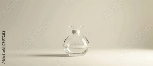 Elegantly shaped transparent minimalist clear glass luxury perfume bottle mockup with smooth and rounded edges forms against a backdrop of soft diffused light created with Generative AI Technology