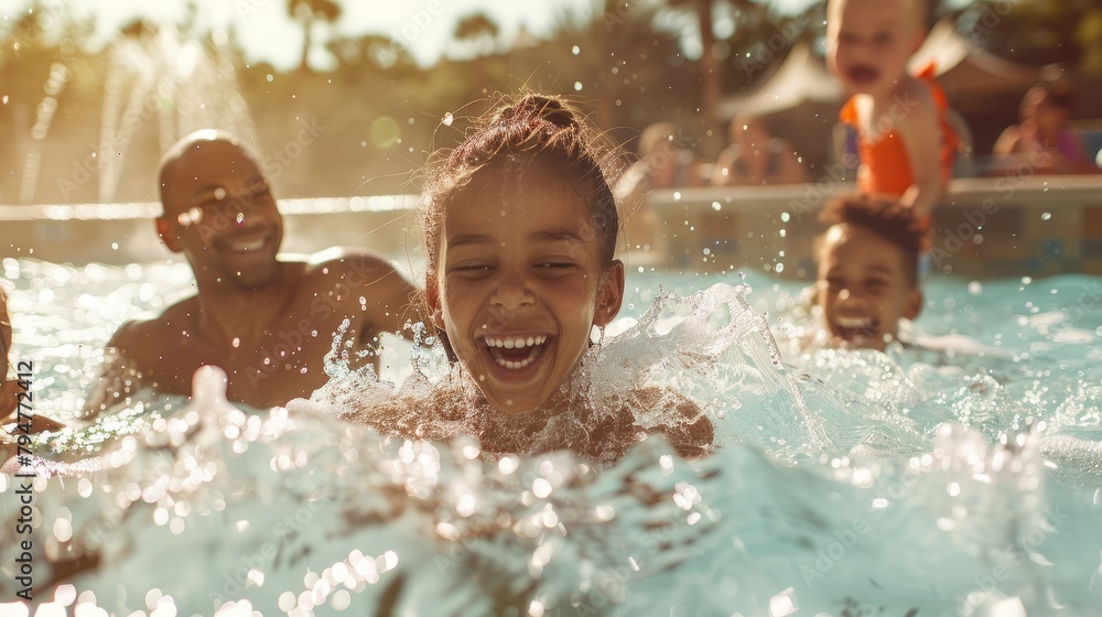 Group of people - family - enjoying time together in a wave pool, laughing and splashing in the water