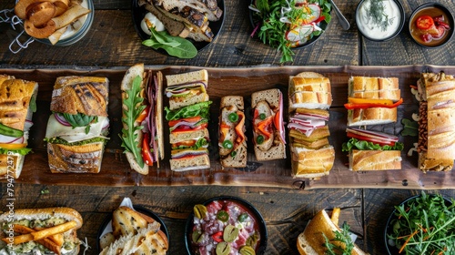 Wooden table covered with various types of sandwiches showcasing fillings and arrangements