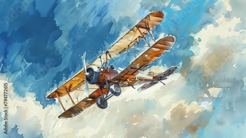 Watercolor depiction of a vintage biplane soaring against a vivid blue sky, clouds painted with soft, sweeping strokes