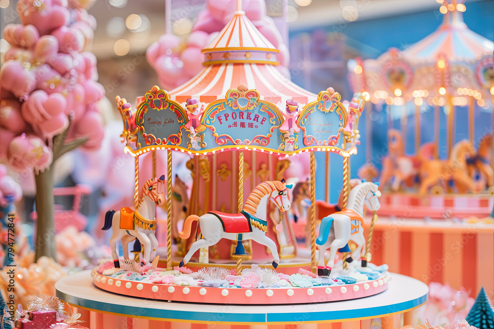 The festive backdrop showcases a vibrant representation of a merry-go-round, evoking nostalgic carnival vibes to enhance the birthday celebration The festive backdrop showcases a vibrant representation of a merry-go-round, evoking nostalgic carnival vibes to enhance the birthday celebration