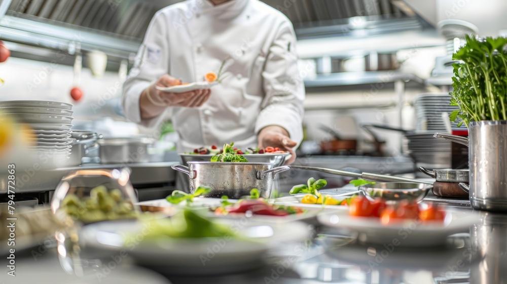 A chef is busy preparing food in a modern commercial kitchen, showcasing their culinary skills and dedication to their craft