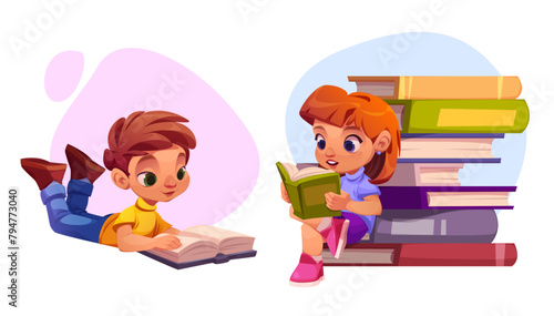 Kids reading books at library or home. Cartoon vector illustration set of cute child boy laying with textbook and girl sitting on big stack of literature. Childish education or read hobby concept.