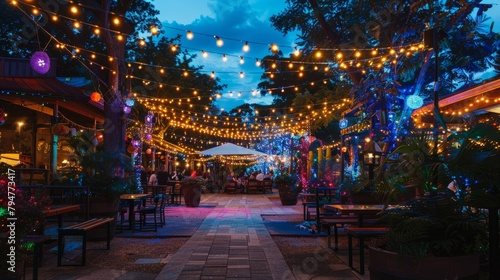 A wide-angle shot capturing a walkway adorned with vibrant lights next to trees in an outdoor event space at dusk