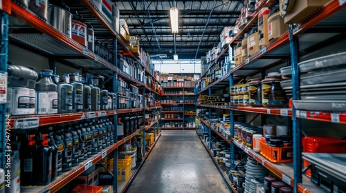 A wide-angle view of a well-organized auto parts store filled with shelves  bathed in natural light