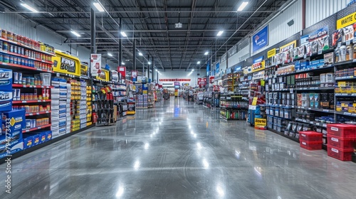 Spacious interior of a busy auto parts store with multiple aisles filled with various products photo