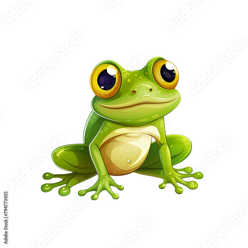 Cheerful cartoon frog with big eyes sitting and smiling. isolated on a transparent background. Generative AI