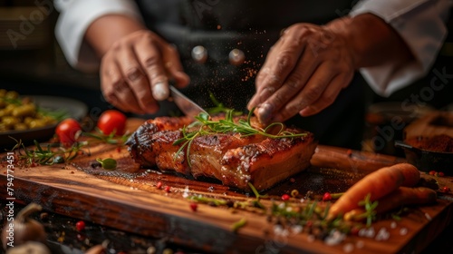 A chefs hands expertly slicing through a pork belly on a wooden cutting board with fresh culinary ingredients nearby photo