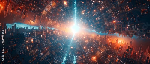 Portal reveals future cityscape with starlit skyscrapers for exploration and adventure. Concept Futuristic Cities, Science Fiction, Space Travel, Urban Exploration, Adventure #794773856