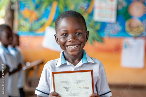 Elated pupil proudly displays a newly acquired award, embodying scholastic achievement, perseverance, and the joy of accomplishment
