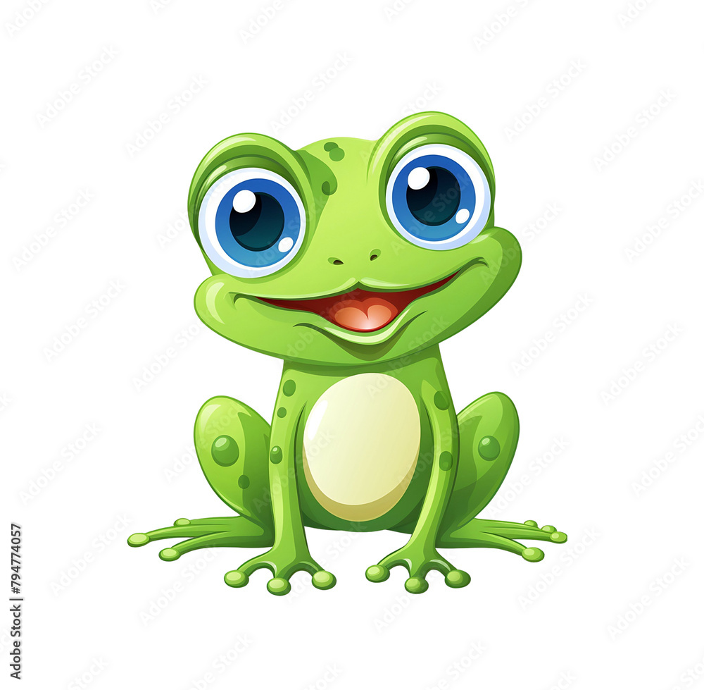 Cheerful cartoon frog with big eyes sitting and smiling. isolated on a transparent background. Generative AI Cheerful cartoon frog with big eyes sitting and smiling. isolated on a transparent background. Generative AI