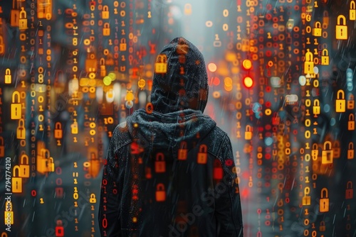 A hackers silhouette against a backdrop of code, with digital locks and keys floating around, representing the fight against unauthorized access