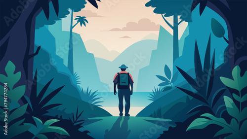 A traveler treks through a dense jungle embracing the unfamiliar sights sounds and smells around them. Through this immersive solo journey they