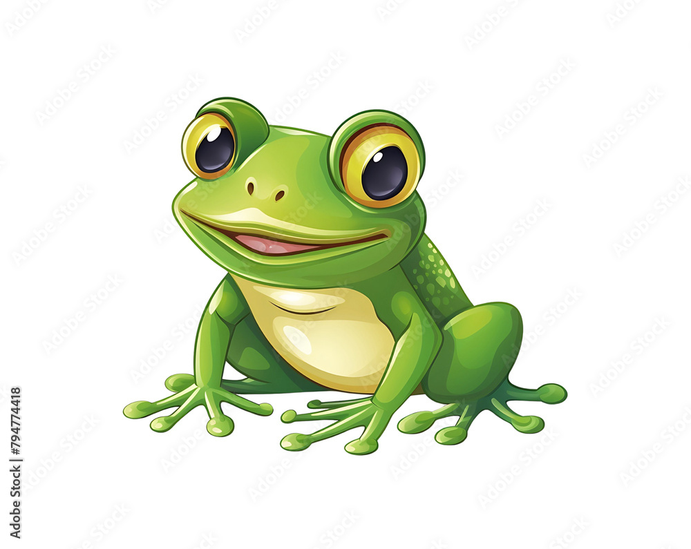 Cheerful cartoon frog with big eyes sitting and smiling. isolated on a transparent background. Generative AI Cheerful cartoon frog with big eyes sitting and smiling. isolated on a transparent background. Generative AI