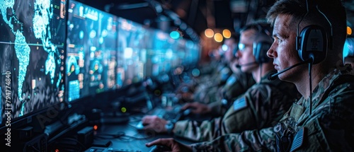 Cyber defense operations center bustling with military analysts monitoring threats in real-time