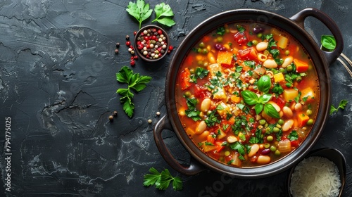 Vibrant top view of Minestrone, crafted with seasonal vegetables, beans, pasta, enriched with herbs and a touch of Parmesan, on an isolated background