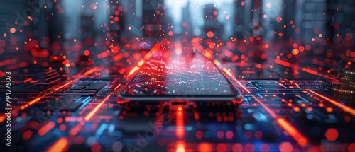 Fintech app on a smartphone with end-to-end encryption, visualized in a high-tech urban environment