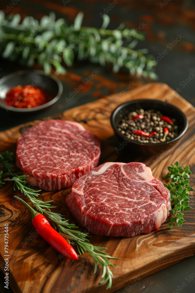 Two pieces of meat on a wooden cutting board with a pepper shaker Two pieces of meat on a wooden cutting board with a pepper shaker