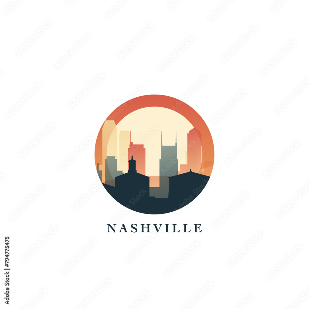 Nashville cityscape, vector gradient badge, flat skyline logo, icon. USA, Tennessee state city round emblem idea with landmarks and building silhouettes. Isolated abstract graphic