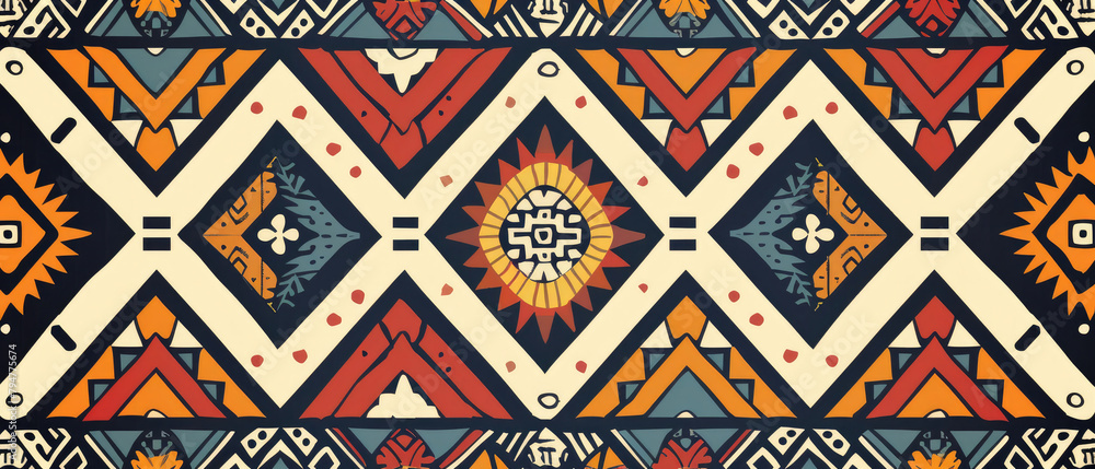 Traditional geometric fabric African tribal style pattern wallpaper created with Generative AI Technology