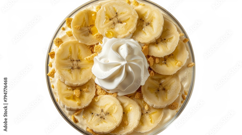 Sumptuous Banana Pudding from above, featuring layers of vanilla wafers, banana slices, and whipped cream, perfect chilled dessert, isolated background