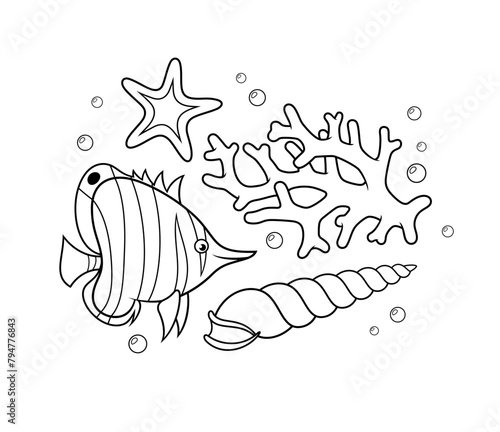 Tropical fish with a starfish, a seashell and a coral. Vector coloring page. photo