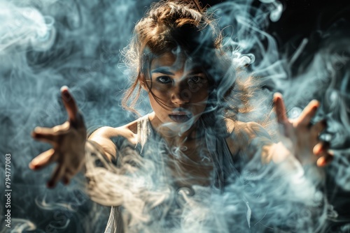 A woman with an intense expression holding out her hands amidst billowing smoke on a stage