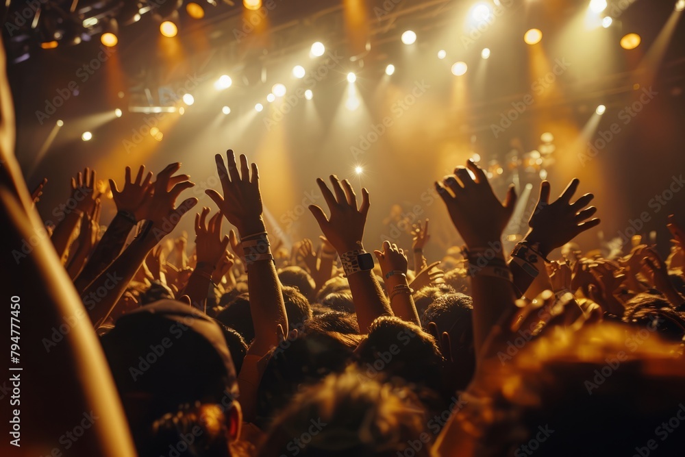 A lively crowd at a concert raises their hands in the air in excitement, captured from a low angle showcasing their enthusiasm