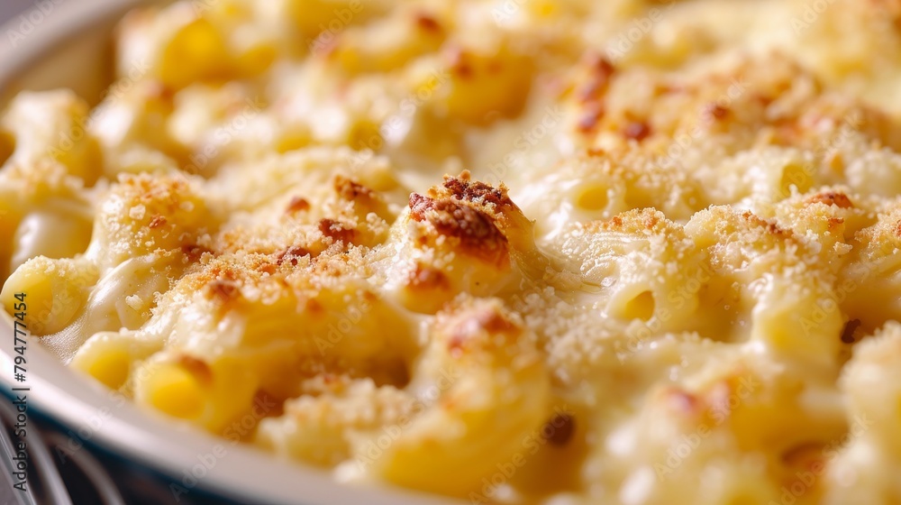 Gourmet close-up of Southern style macaroni and cheese, rich and creamy texture highlighted, against an isolated background, studio lighting Gourmet close-up of Southern style macaroni and cheese, rich and creamy texture highlighted, against an isolated background, studio lighting