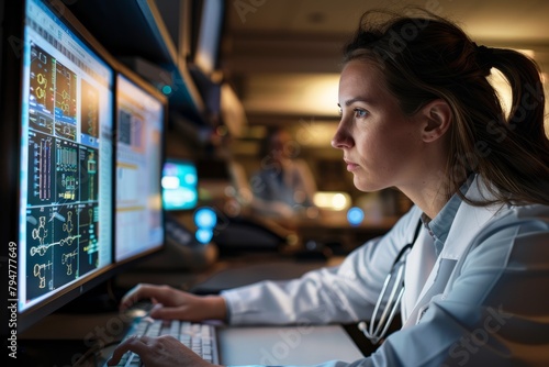 A female doctor sits in front of a computer screen, working with AI-powered diagnostic tools