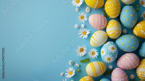 Easter eggs card. Colourful background with Easter eggs on blue background. Happy Easter concept. Can be used as poster, background, holiday card.
 photo
