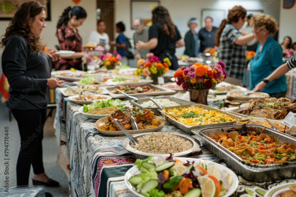 A group of people standing around a table full of food at a vibrant community potluck dinner
