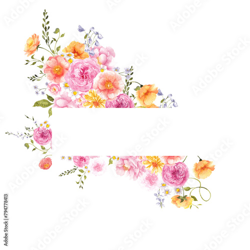 Vintage frame with watercolor hand draw flowers and leaves, peachy color, crest frame for wedding invitations. Isolated on transparent background