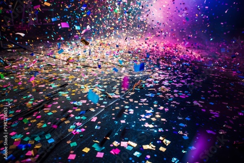 A room filled with vibrant confetti strewn across the floor, showcasing the aftermath of a lively performance