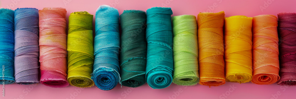 Vibrant Rows of Colorful Fabric Rolls on Gradient Background Vibrant Rows of Colorful Fabric Rolls on Gradient Background